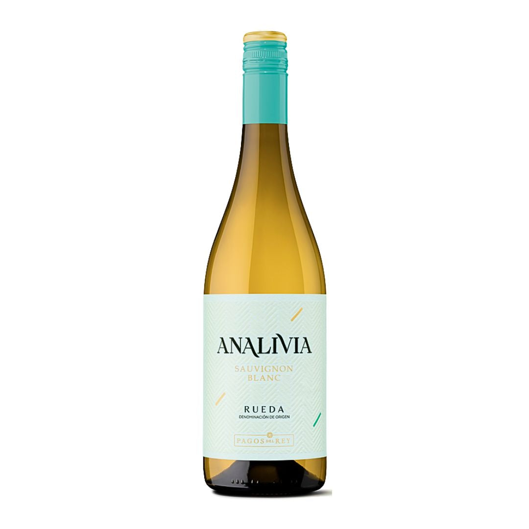 Wine bottle with teal cap and label on a white background