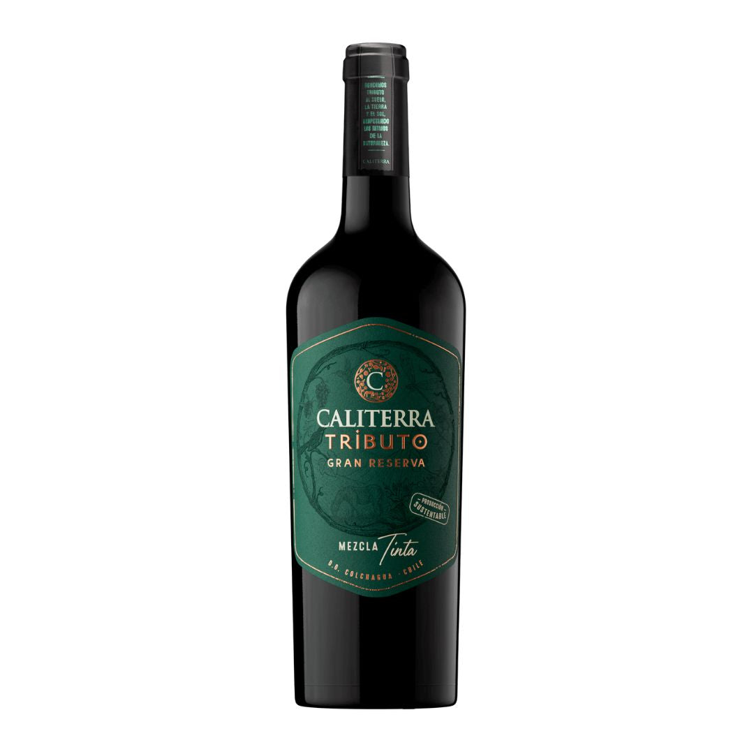 Wine bottle with 'Caliterra Tributo' label on a white background