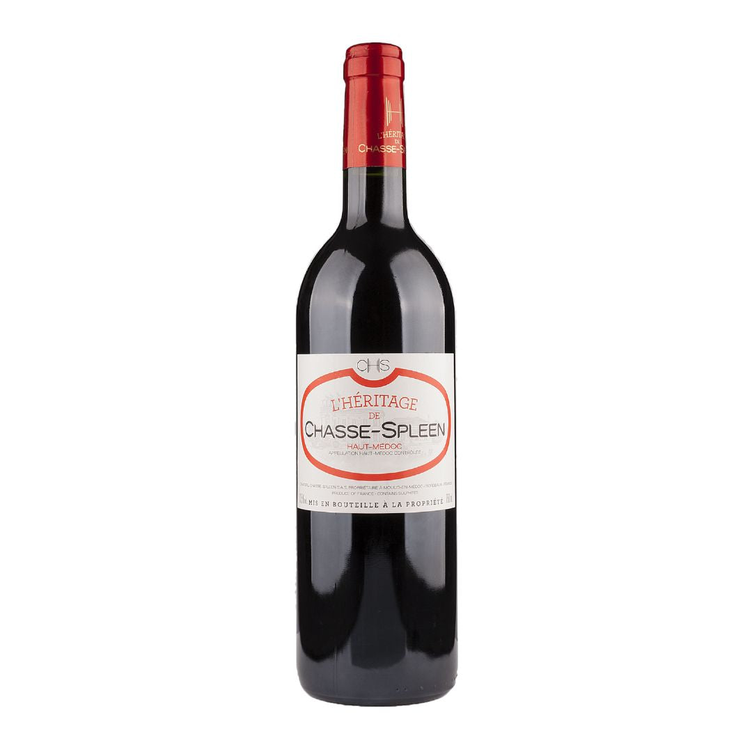 Red wine bottle with a visible label on a white background