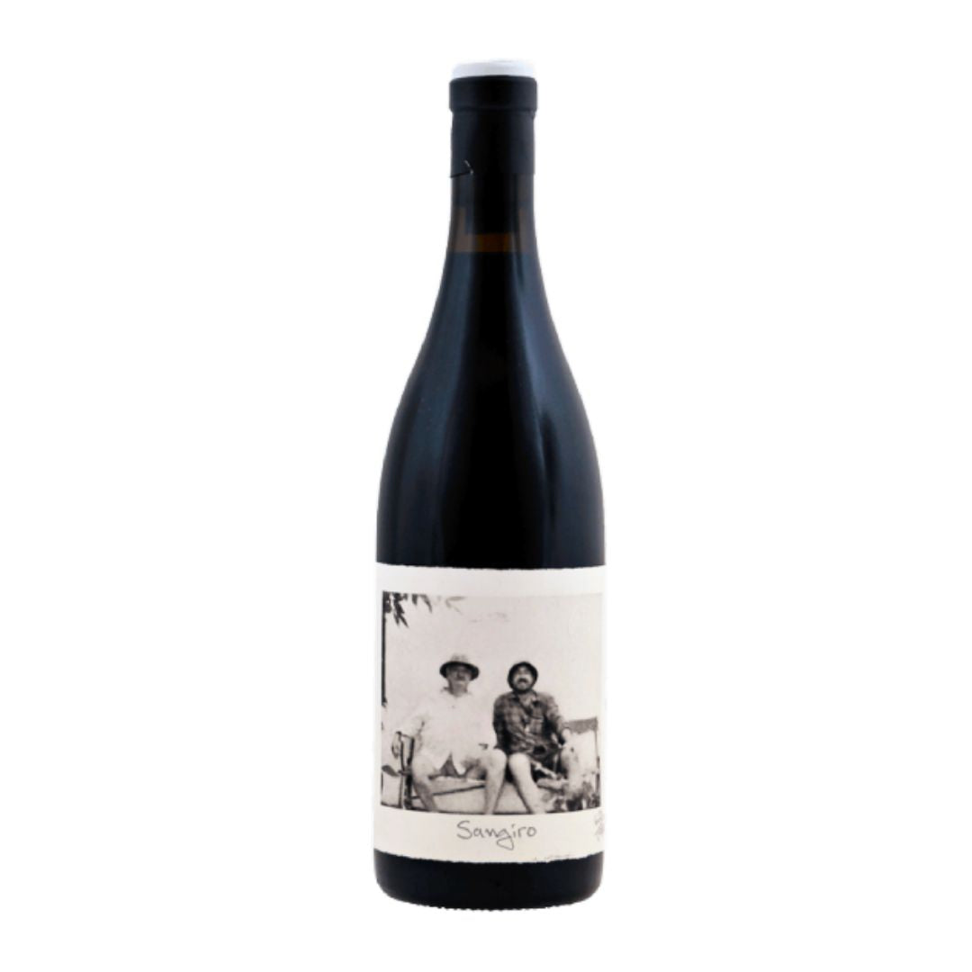 Wine bottle with a label featuring two people and the word 'Sangre' on a white background