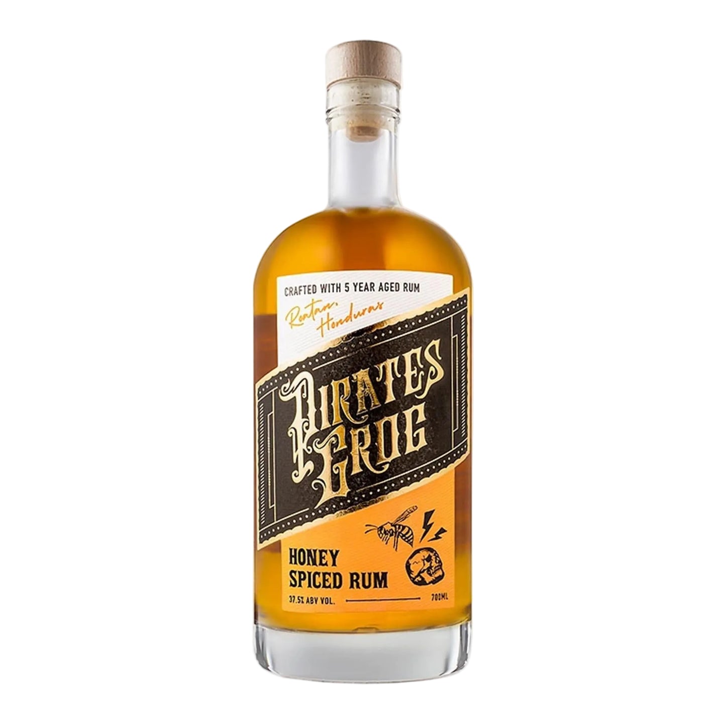 Bottle of Pirates Grog Honey Spiced Rum on a white background
