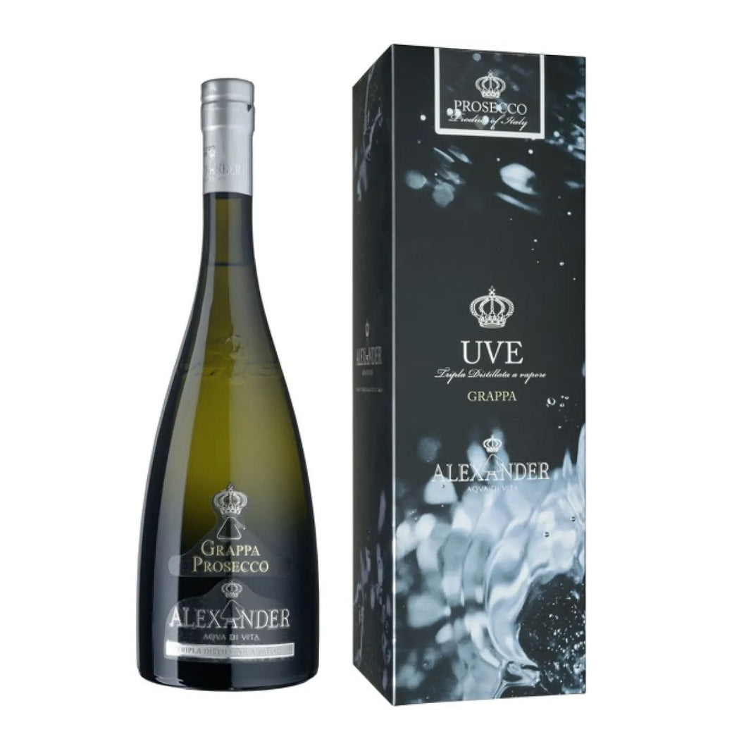 Bottle of Grappa Prosecco Alexander with packaging on a white background