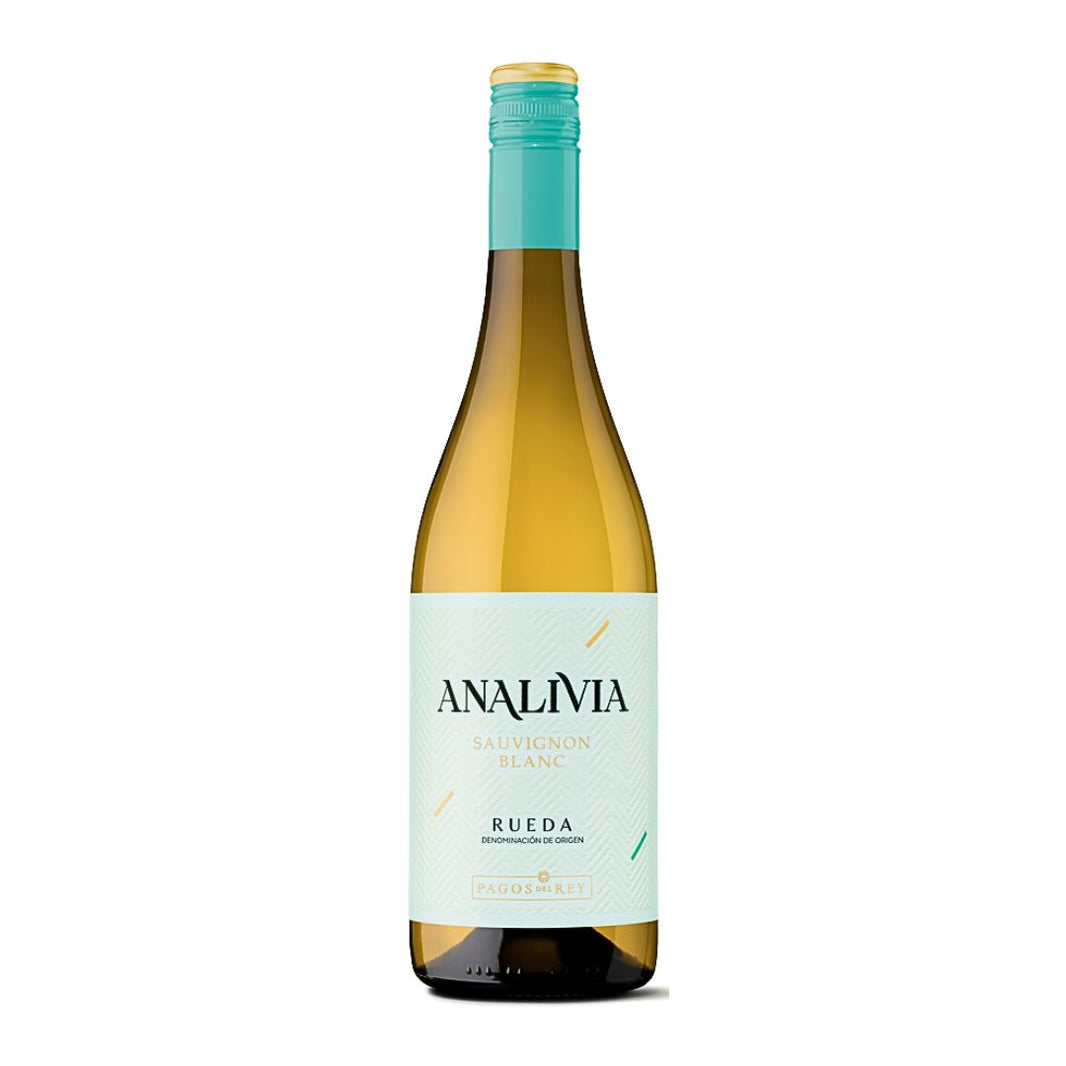 Wine bottle with teal cap and label on a white background