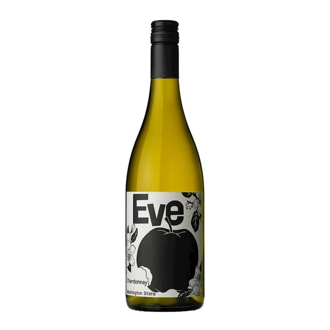 Wine bottle with 'Eve' label featuring an apple on a white background