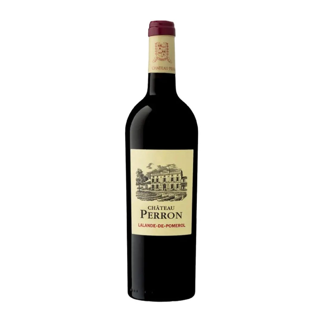 Red wine bottle with Chateau Perron label on a white background