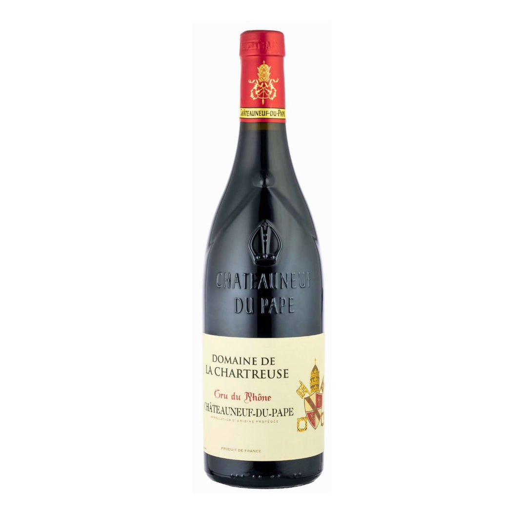 Bottle of Chateauneuf-du-Pape wine with a red label on a white background