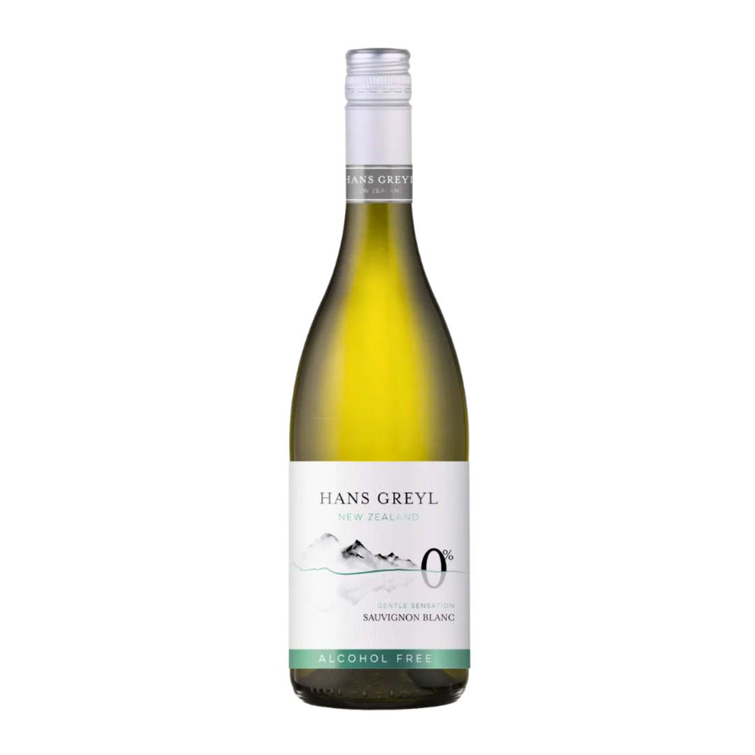 Bottle of Hans Greyl alcohol-free sauvignon blanc wine on a white background