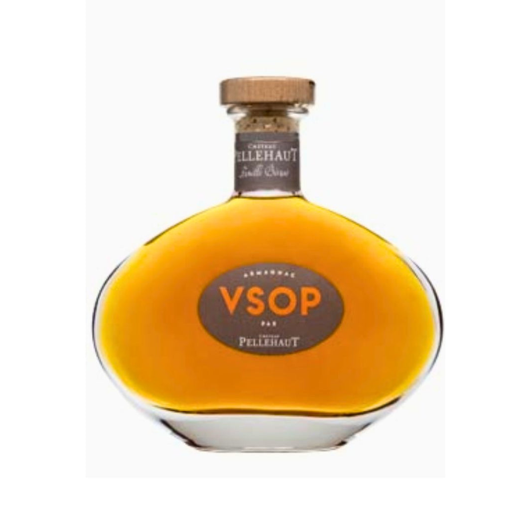 Bottle of VSOP cognac with a wooden capsule on a white background
