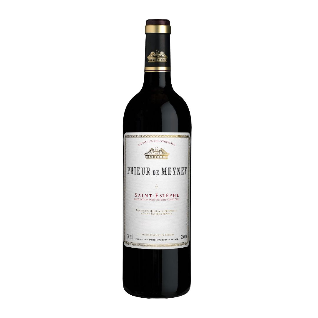 Red wine bottle with a visible label on a white background