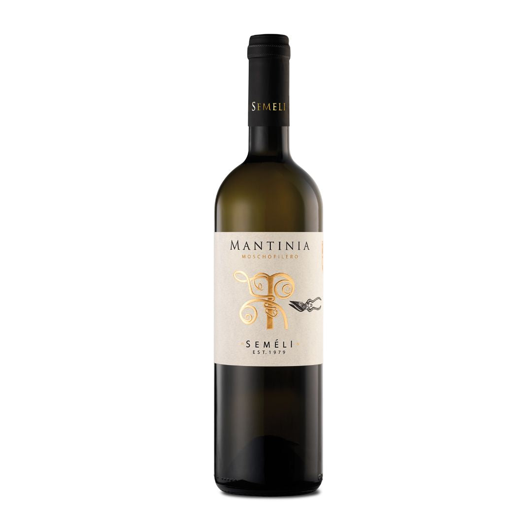Wine bottle with 'Mantinia' label on a white background